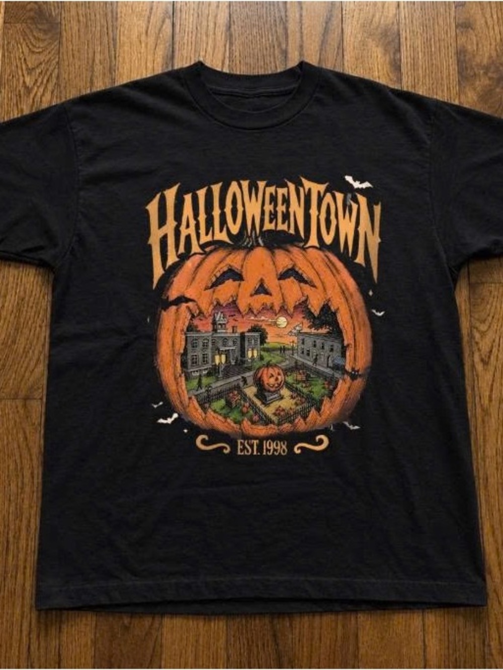 Halloween Town Black Graphic T-Shirt - Pumpkin Design